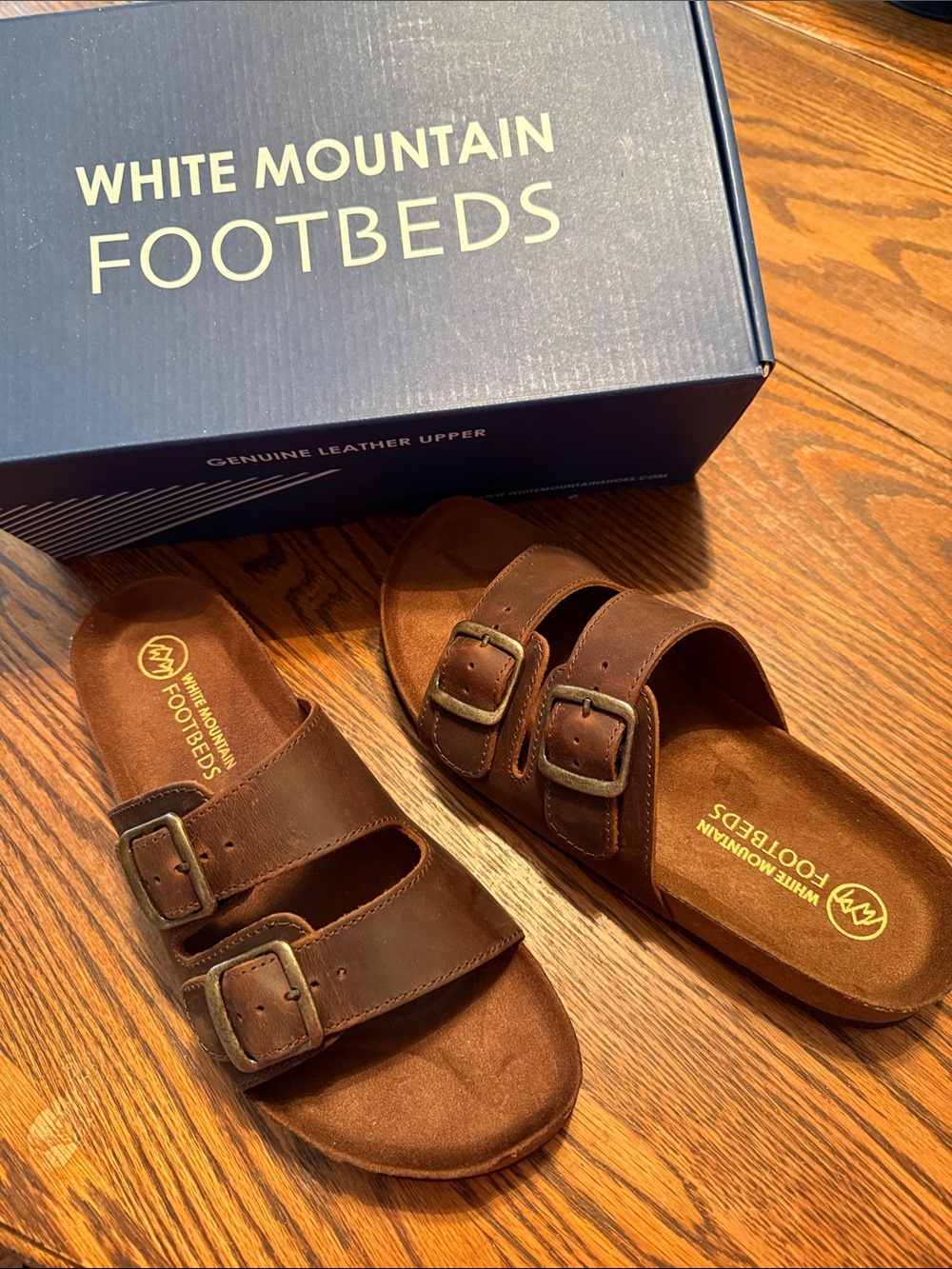 White Mountain Brown Double-Buckle Leather Slide Sandals